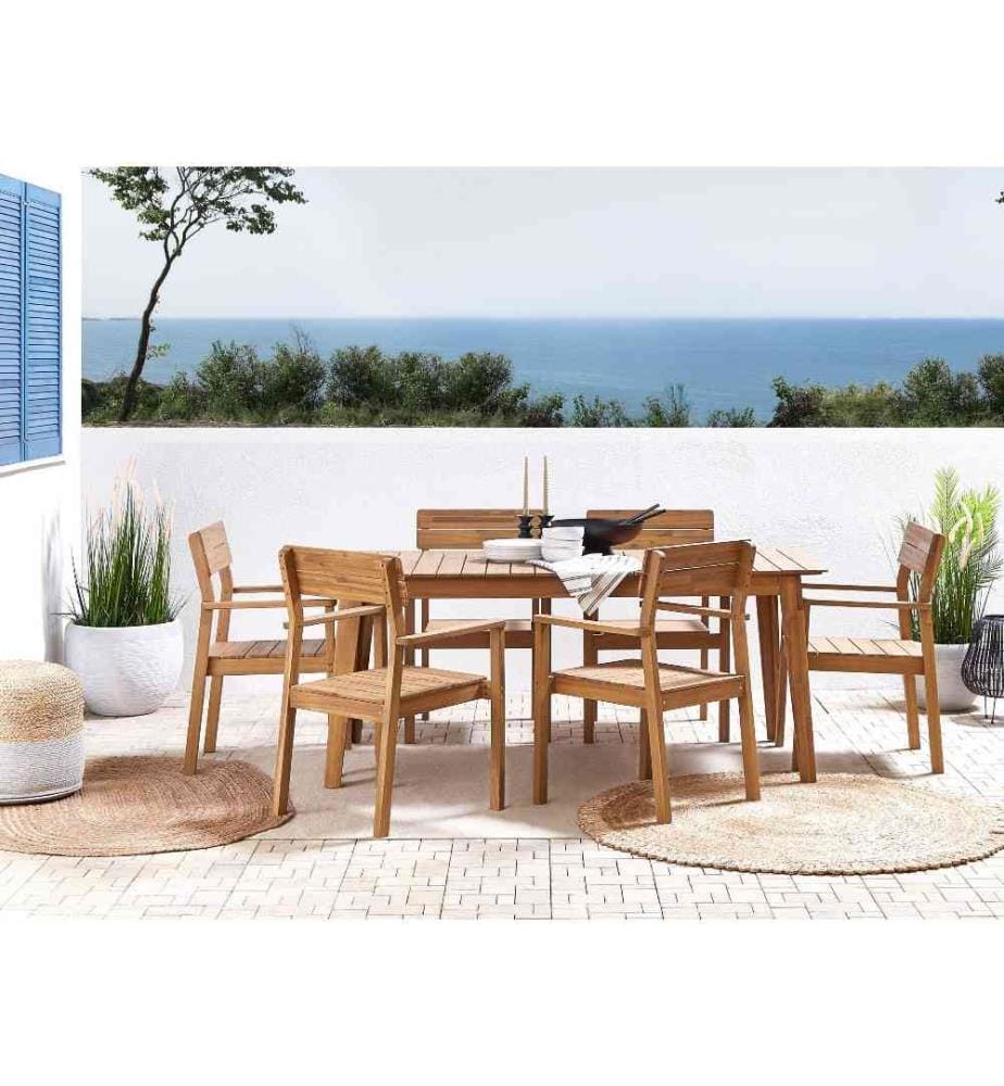 Ensemble de Salle à Manger de Jardin en Bois d'Acacia Clair 180 x 90 cm 6 Places Chaises avec Accoudoirs Style Rustique