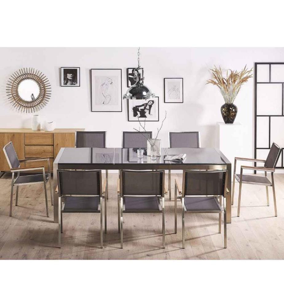Salon de Jardin composé d'une Table 220 x 100 cm avec Plateau Triple en Granit Poli Gris et de 8 Chaises en Acier Inox et Textile Gris