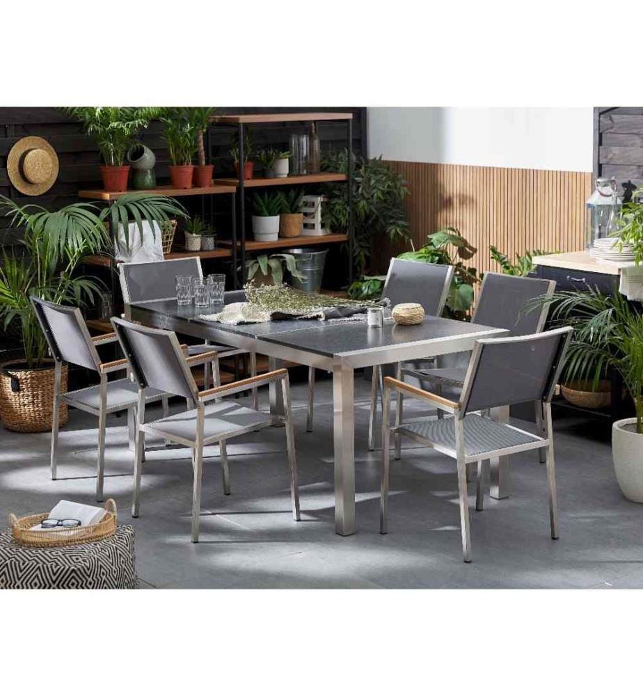Salon de Jardin composé d'une Table 180 x 90 cm avec Plateau Triple en Granit Flambé et de 6 Chaises en Acier Inox et Textile Gris