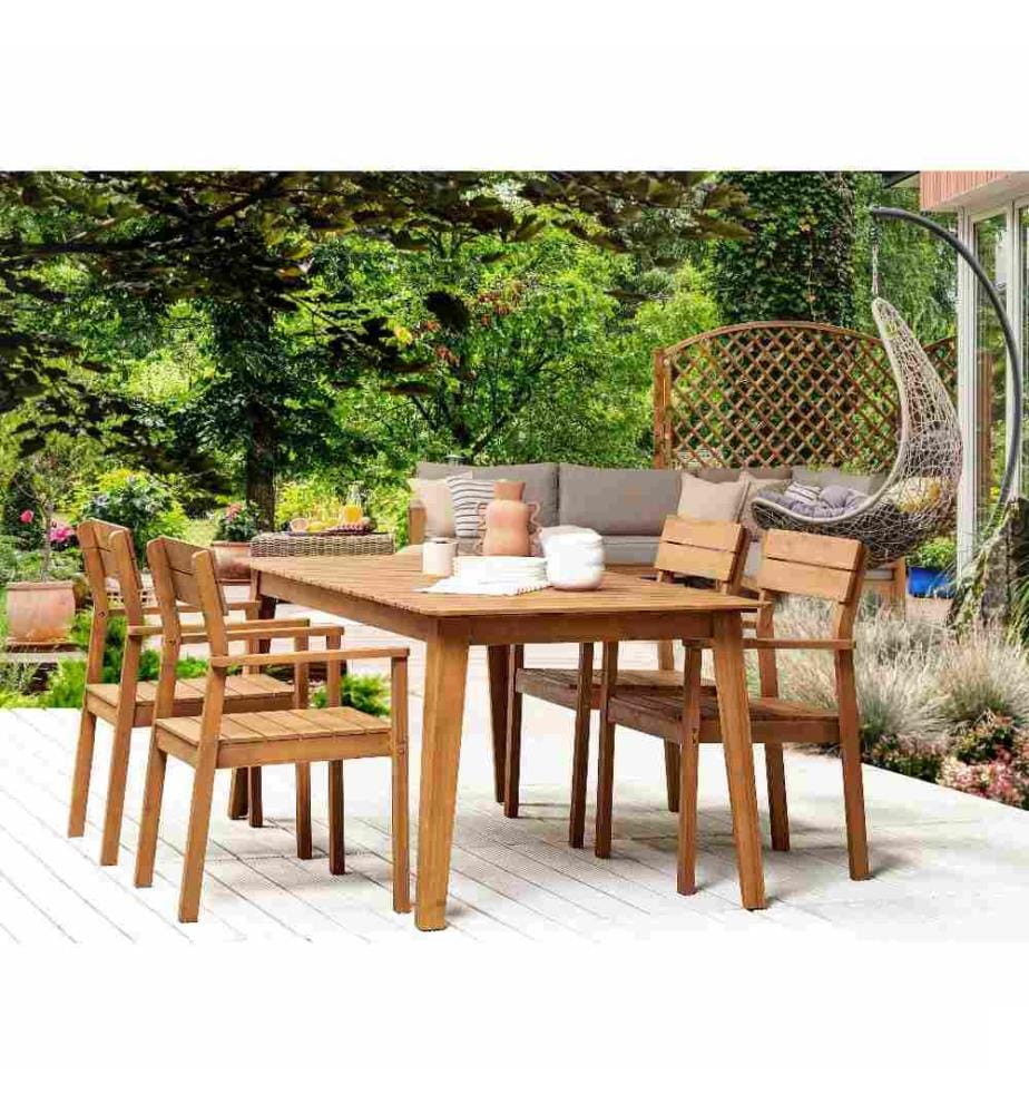Ensemble de Salle à Manger de Jardin en Bois d'Acacia Clair 180 x 90 cm 6 Places Chaises avec Accoudoirs Assortis Style Rustique