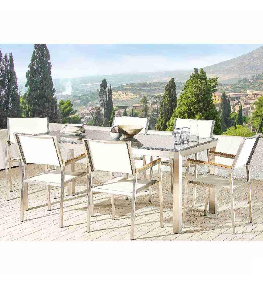 Salon de Jardin Table 180 x 90 cm avec Plateau Triple en Granit Poli Gris et de 6 Chaises en Acier Inox et Textile Blanc