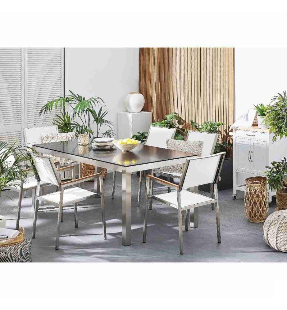 Salon de Jardin composé d'une Table 180 x 90 cm avec Plateau en Granit Poli Noir et de 6 Chaises en Acier Inox et Textile Blanc