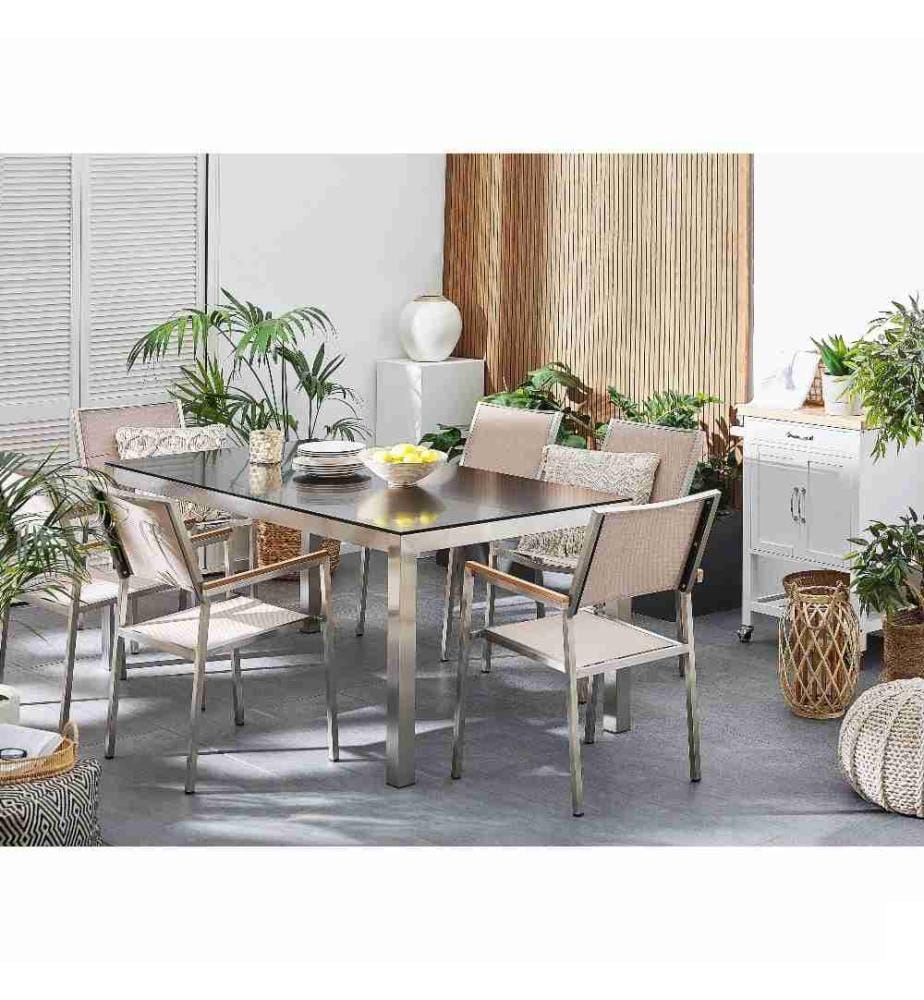 Salon de Jardin composé d'une Table 180 x 90 cm avec Plateau en Granit Poli Noir et de 6 Chaises en Acier Inox et Textile Beige