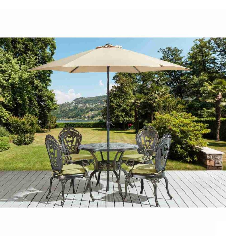Ensemble de Repas de Jardin Table Ronde et 4 Chaises et Parasol Assortis en Aluminium Marron Doré Effet Vieilli Extérieur Vintage Classique