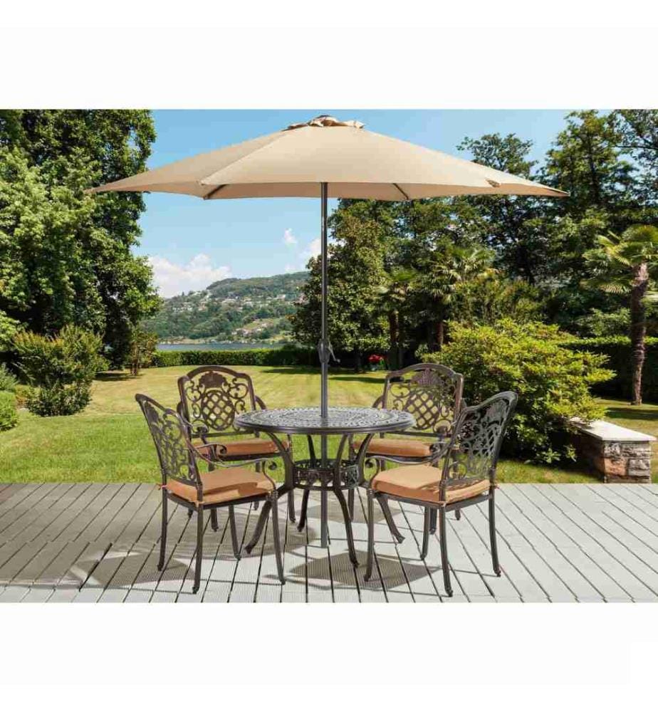 Ensemble de Repas de Jardin Table Ronde et 4 Chaises avec Parasol en Aluminium Marron Foncé Effet Vieilli Cuivré pour Extérieur Vintage