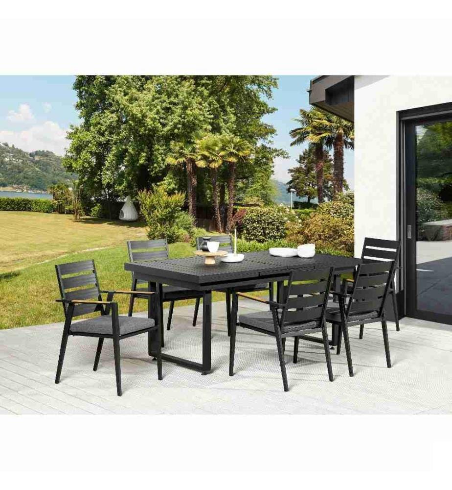 Salle à Manger de Jardin Noire en Aluminium Table Rectangle avec 6 Chaises avec Coussins Gris Pour Repas Convivial en Extérieur