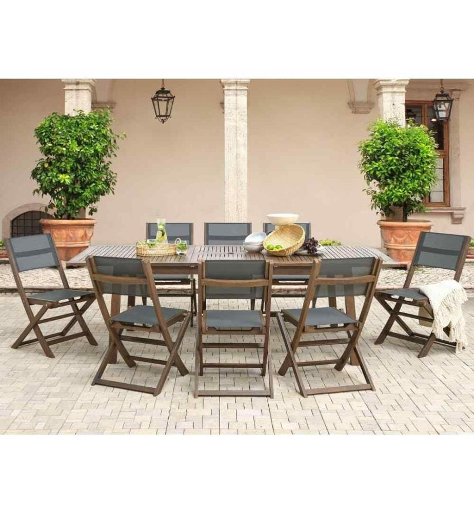 Salon de Jardin composé d'une Table Extensible 180 / 240 x 100 cm et de 8 Chaises Pliables en Textile Gris et Bois d'Accacia