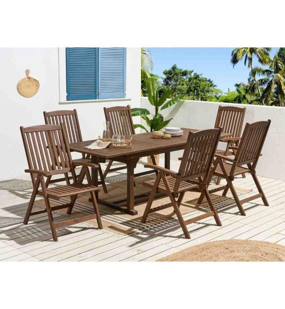 Set de Jardin Salle à Manger Extérieure en Bois d'Acacia Foncé Table Extensible et 6 Chaises Pliantes pour Style Rustique et Toscane