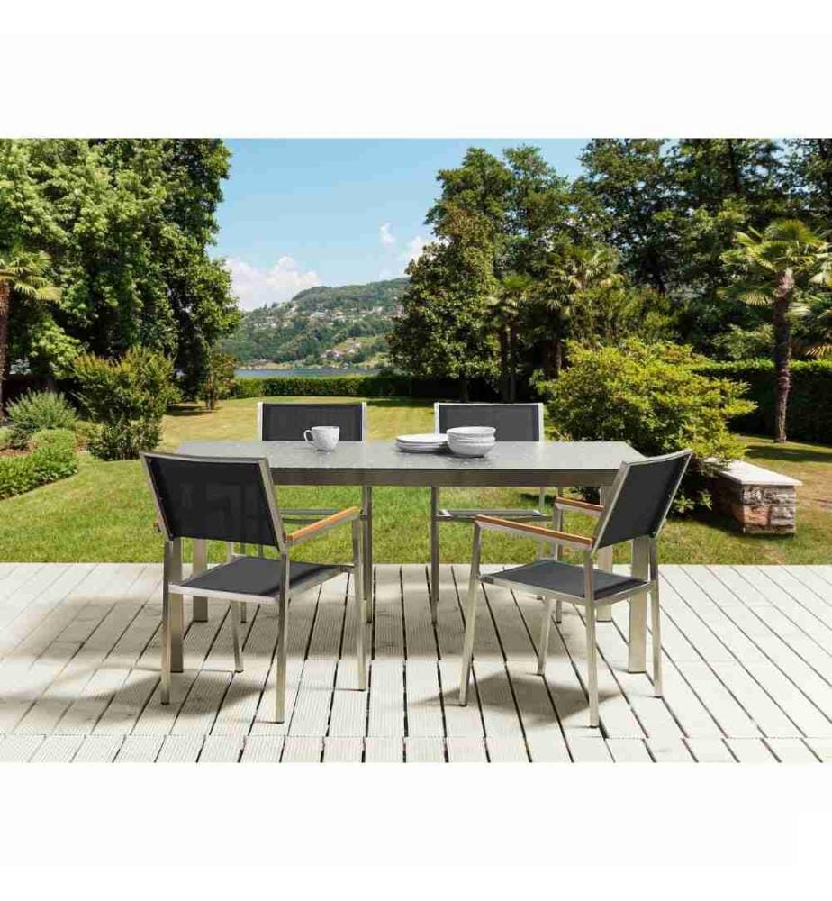 Salon de jardin 4 places en acier inoxydable avec plateau de table effet granit et chaises en rotin noir salon d'extérieur moderne
