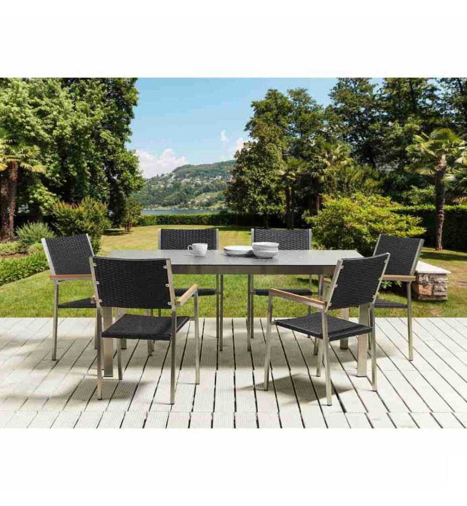 Salon de jardin 6 places en acier inoxydable avec plateau de table effet granit et chaises en rotin noir salon d'extérieur moderne
