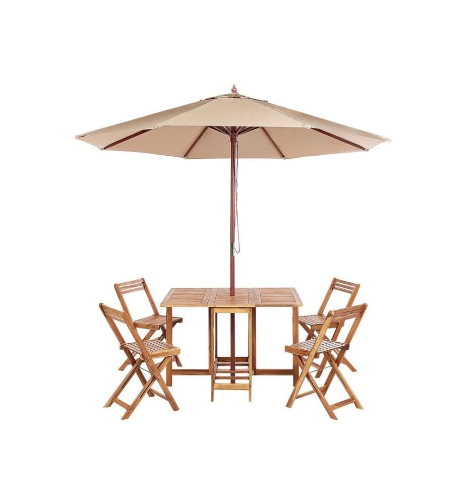 Ensemble de Jardin 6 Pièces en Bois d'Acacia Pliable Table Chaises et Parasol Extérieur Style Rustique Design Moderne