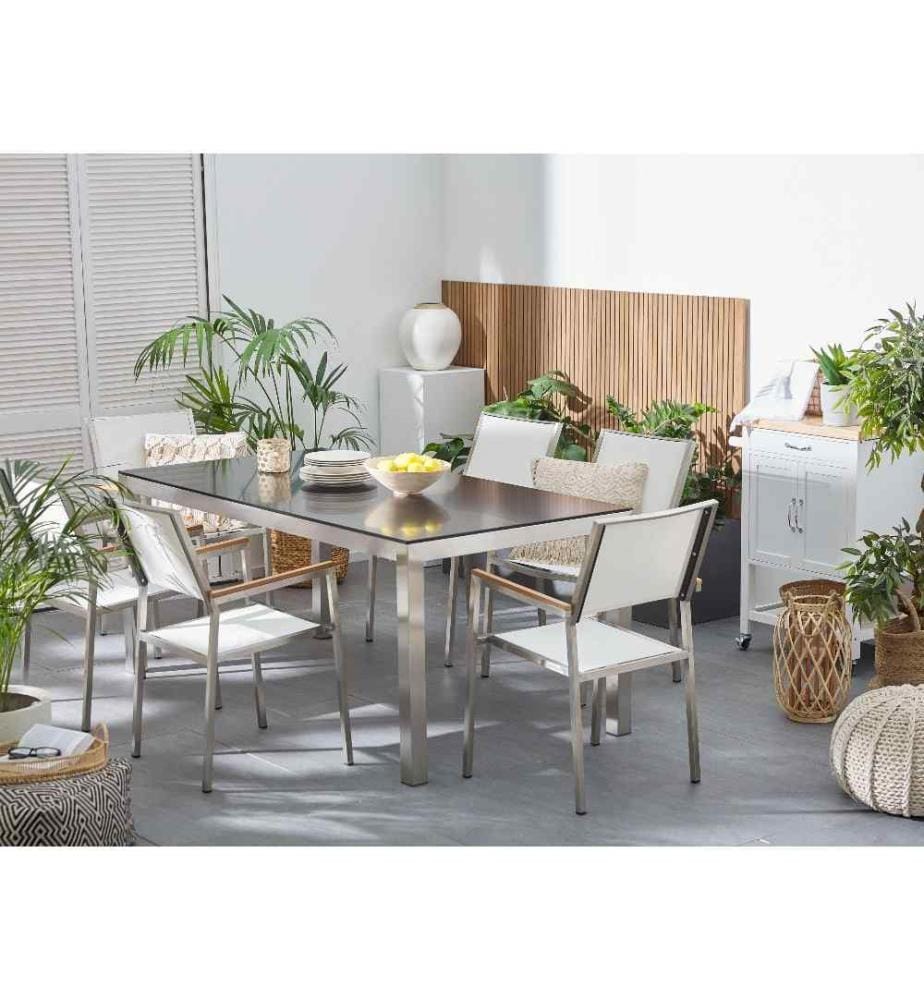 Salon de Jardin composé d'une Table 180 x 90 cm et de 6 Chaises en Acier Inox, Textile Blanc et Verre Noir au Design Moderne