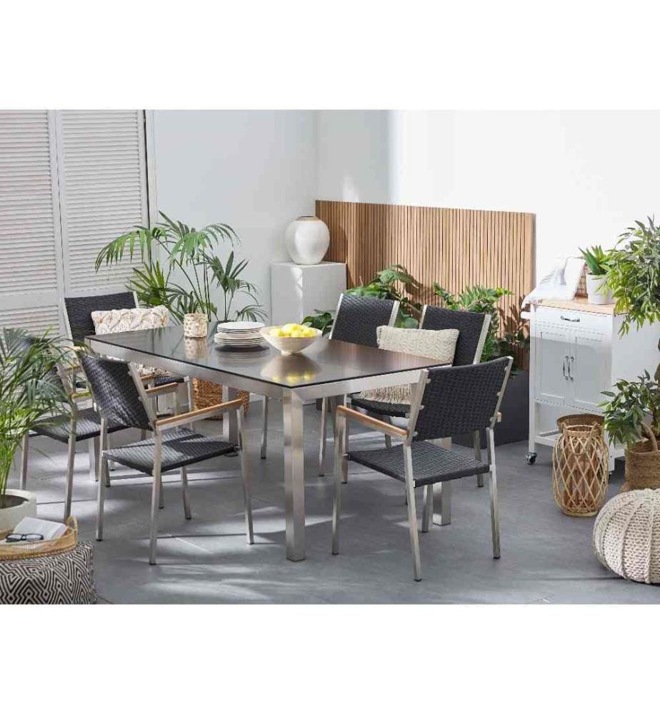 Salon de Jardin composé d'une Table 180 x 90 cm et de 6 Chaises en Acier Inox, Rotin Noir et Verre Noir au Design Moderne