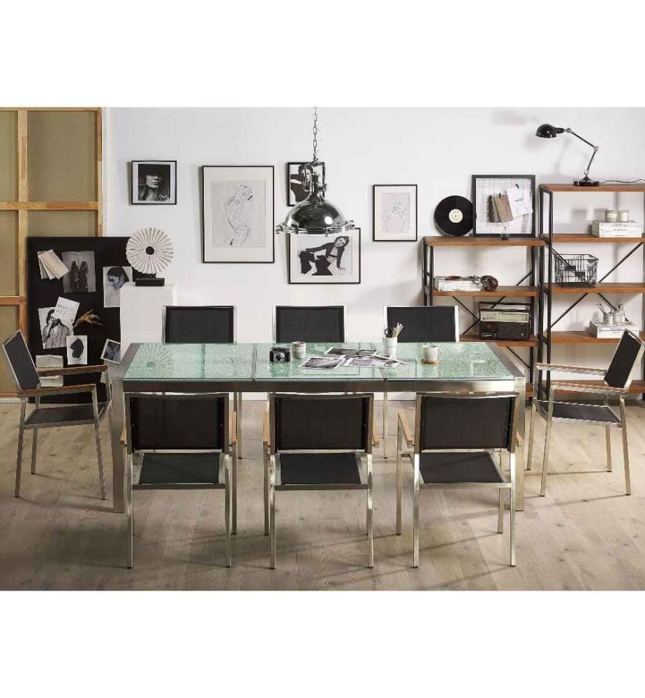 Salon de Jardin composé d'une Table 220 x 100 cm et de 8 Chaises en Acier Inox, Textile Noir et Verre Effet Brisé au Design Moderne