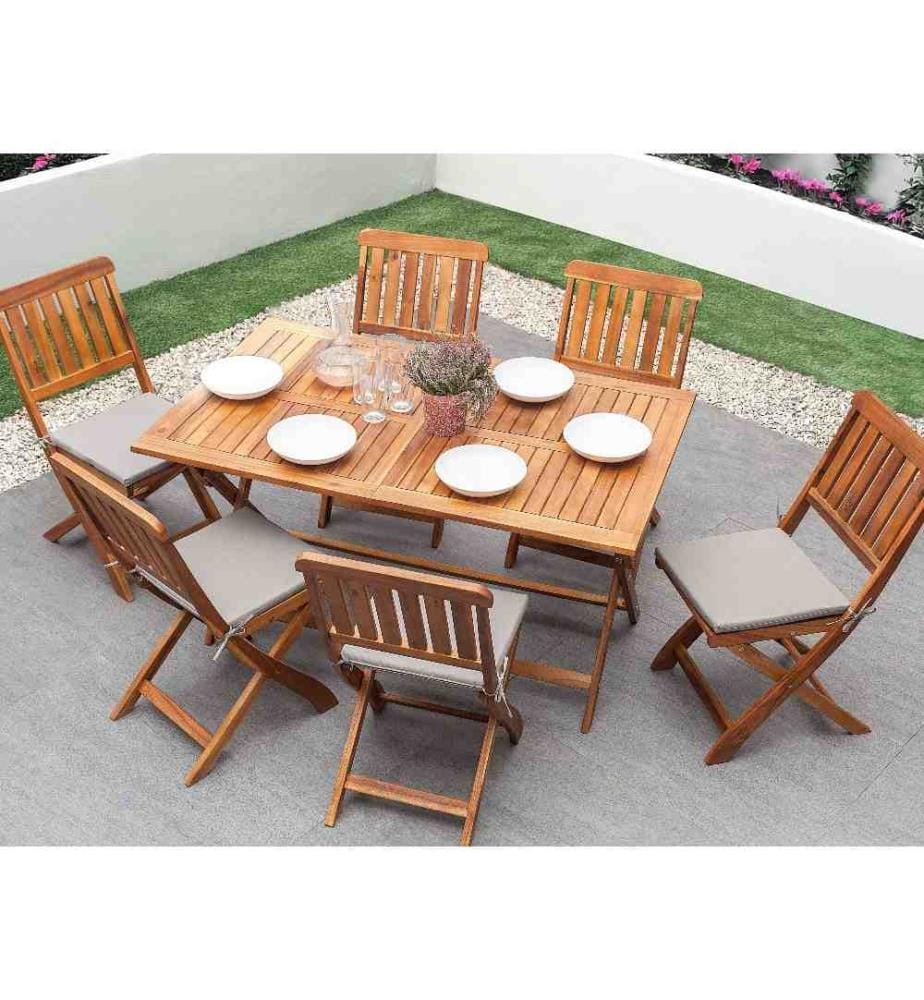 Salon de Jardin Pliable en Bois d'Accacia composé d'une Table 140 x 75 cm et de 6 Chaises avec Coussins d'Assise Gris