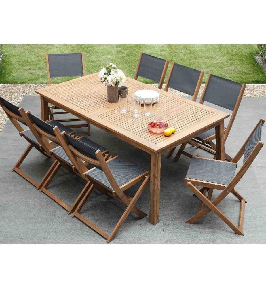 Salon de Jardin composé d'une Table Extensible 180 / 240 x 100 cm et de 8 Chaises Pliables en Textile Gris et Bois d'Accacia