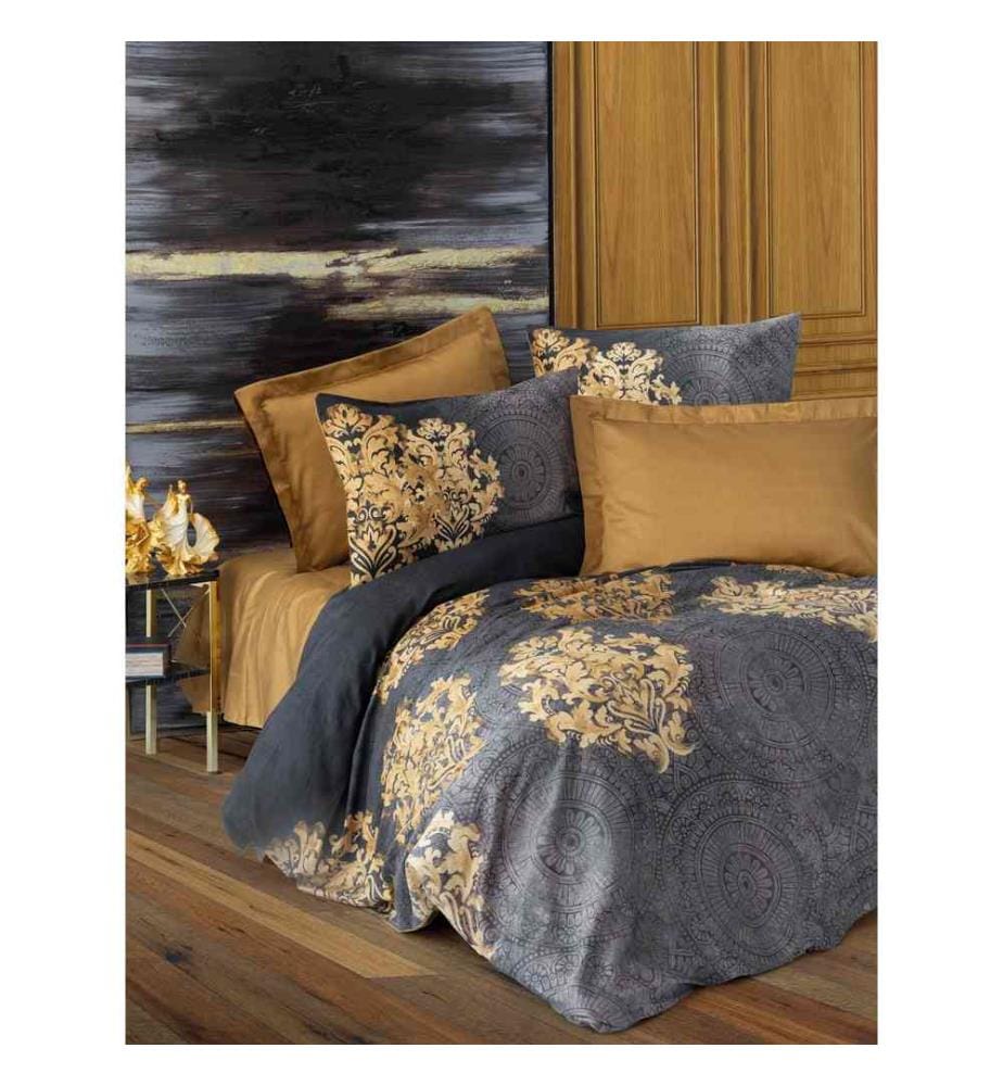 Satin King Quilt Cover Set , Anthracite, Beige, 100% Cotton Satin