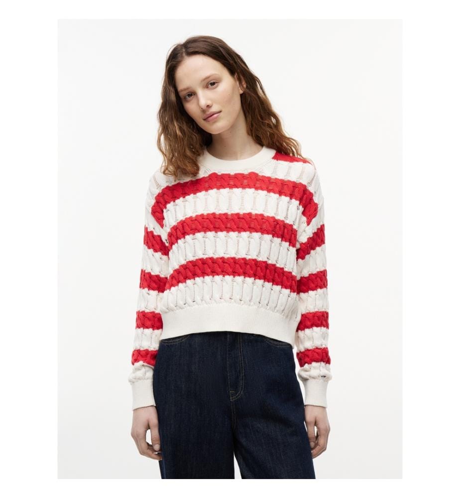 Pull en maille câble rayée de la collection Tommy Jeans - Amaryllis rouge