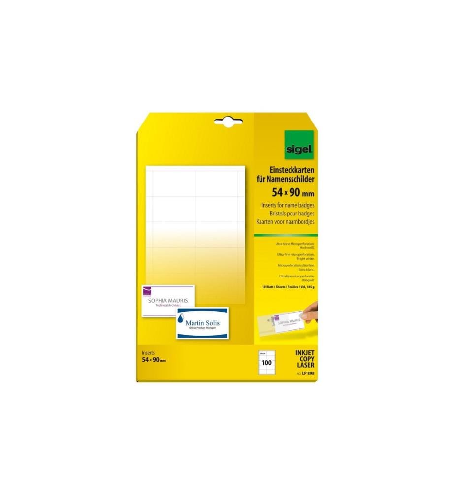 SIGEL - Badge nominatif 5.4 x 9 cm, 10 feuilles, 185 g, blanc