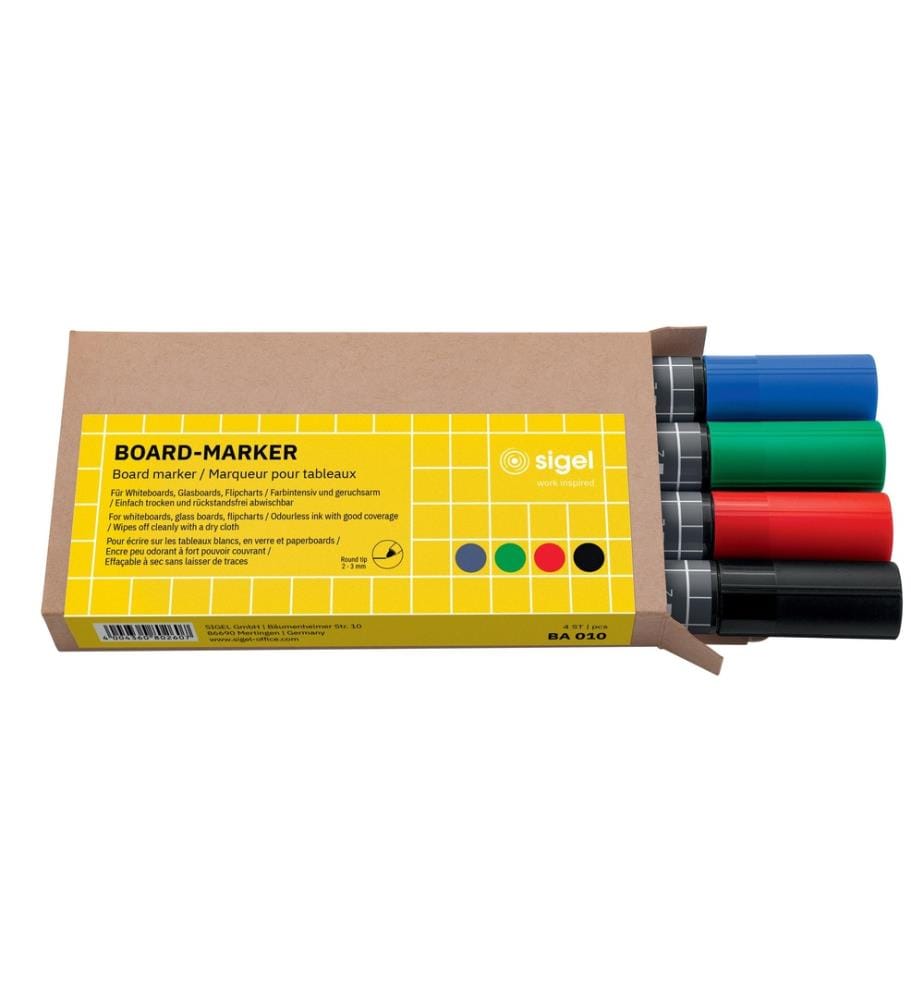 SIGEL - Marqueur pour tableau blanc 4 pièces, noir/bleu/vert/rouge