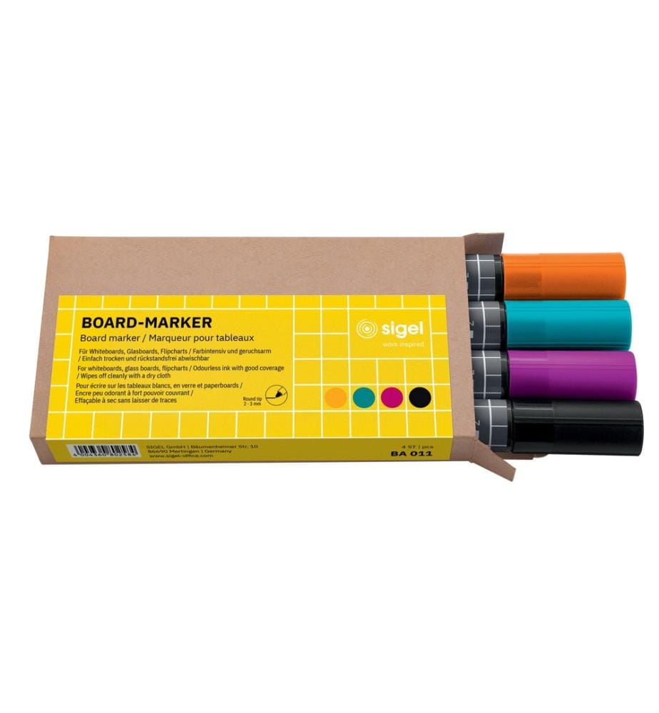 SIGEL - Marqueur pour tableau blanc 4 pièces, noir/turquoise/magenta/orange