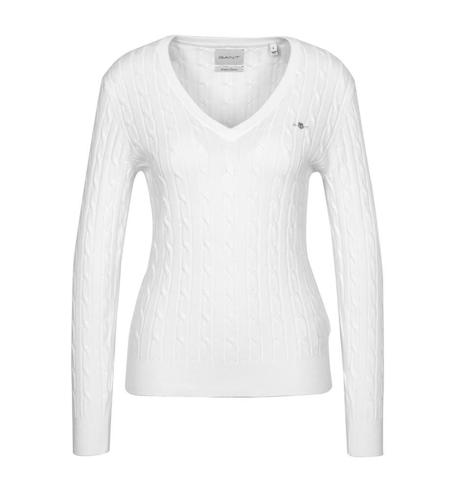 Pull à col en V en coton extensible à mailles torsadées - Blanc