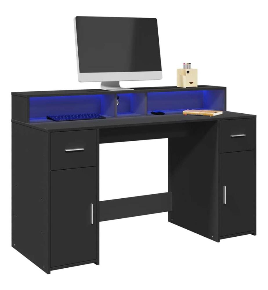 Bureau avec lumières LED noir 140x55x91 cm bois d'ingénierie