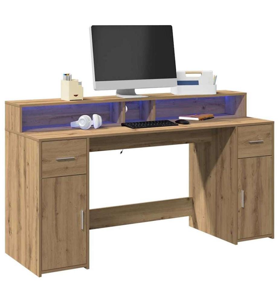Bureau avec lumières LED chêne artisanal bois d'ingénierie