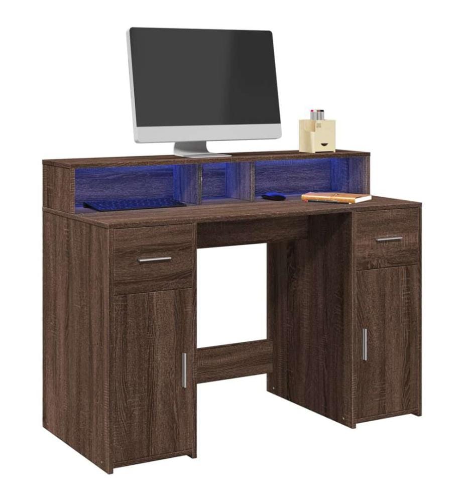 Bureau et lumières LED chêne marron bois d'ingénierie