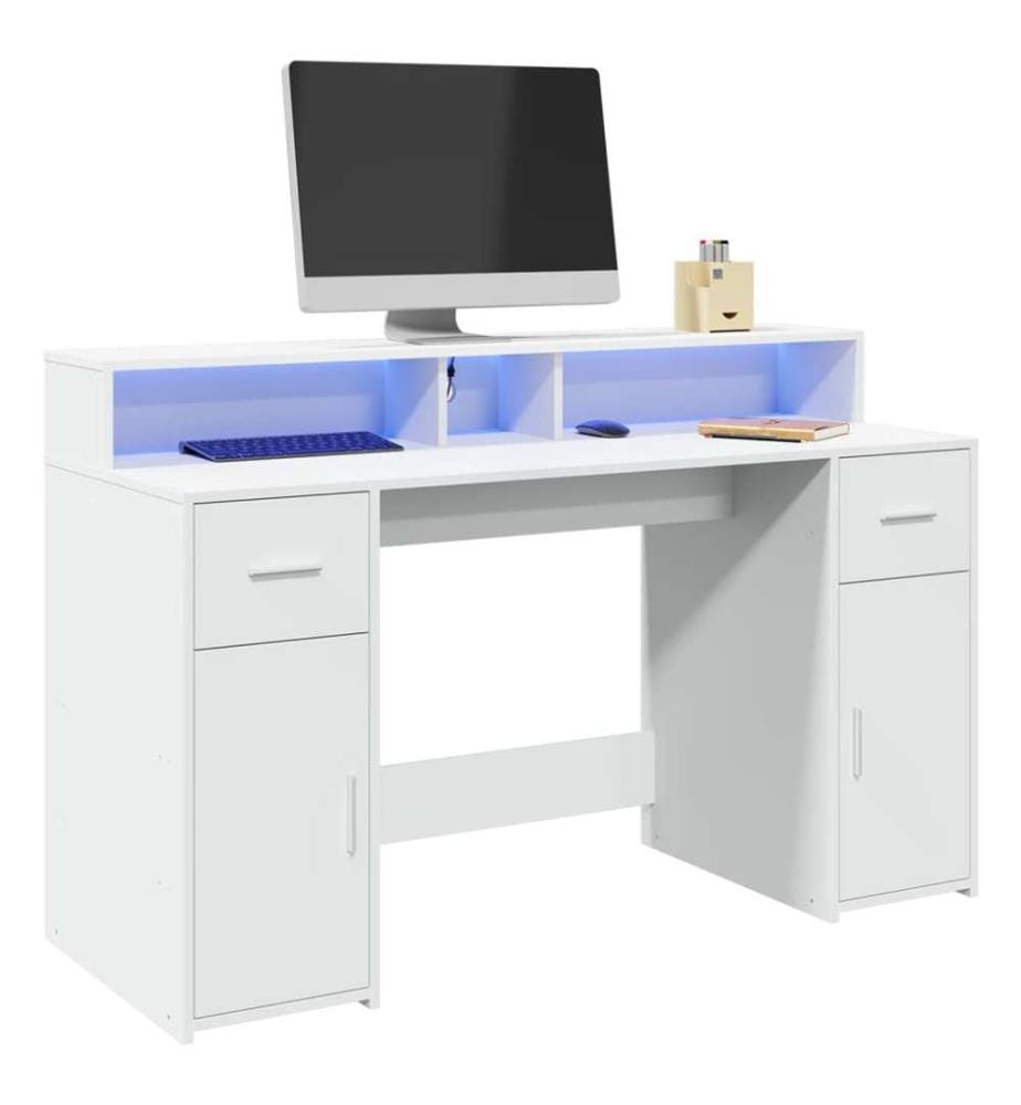 Bureau avec lumières LED blanc 140x55x91 cm bois d'ingénierie