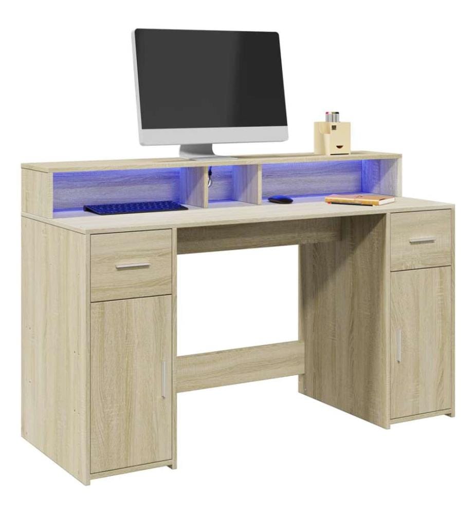 Bureau avec lumières LED chêne sonoma bois d'ingénierie