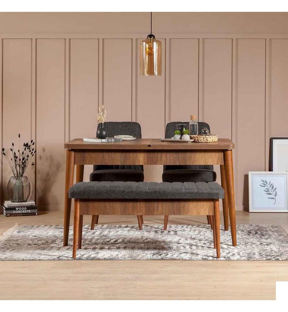 Ensemble table et chaises, 4 pièces, noyer anthracite, panneau de particules mélaminé, tissu velours