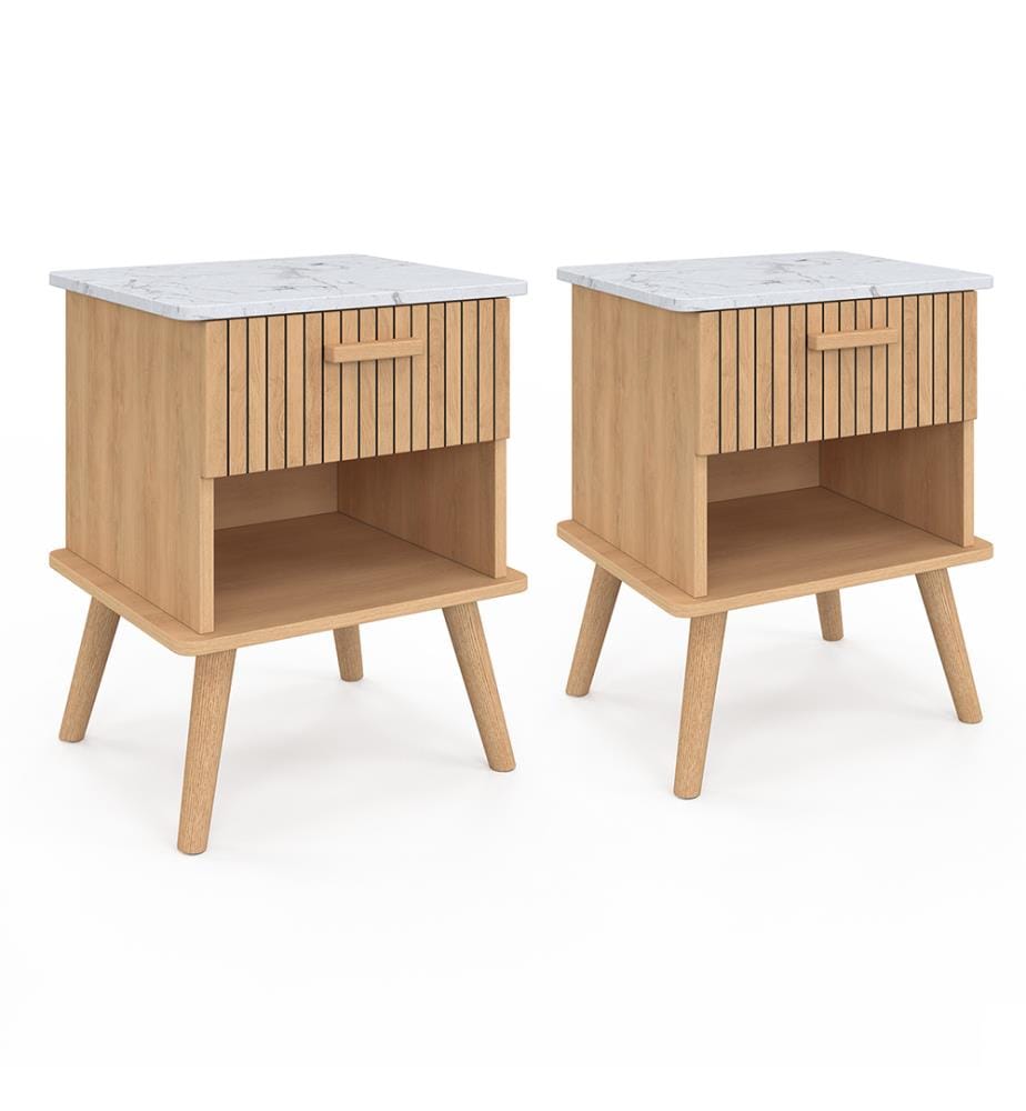 Lot de 2 Tables de chevet Marceau effet lattes 1 tiroir - Brun et effet marbre blanc
