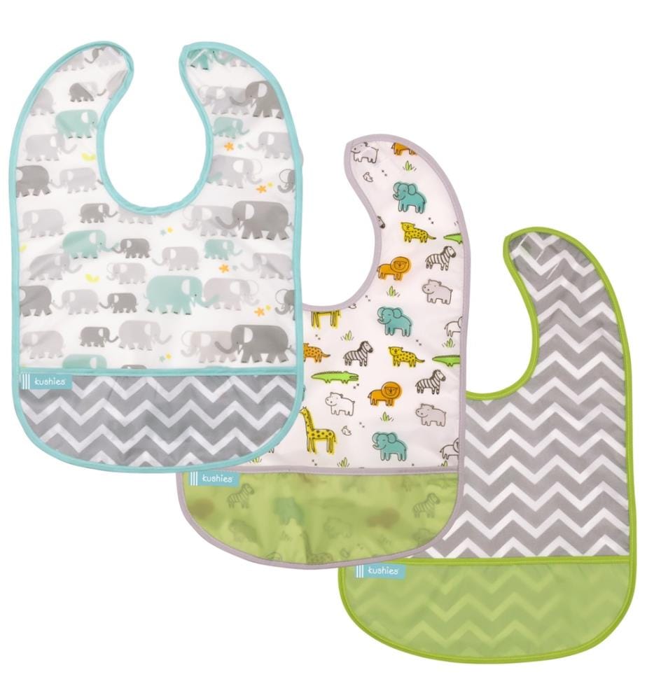 Bavoir sans manches CleanBib 3 pcs., 6-12 mois, safari éléphant chevron
