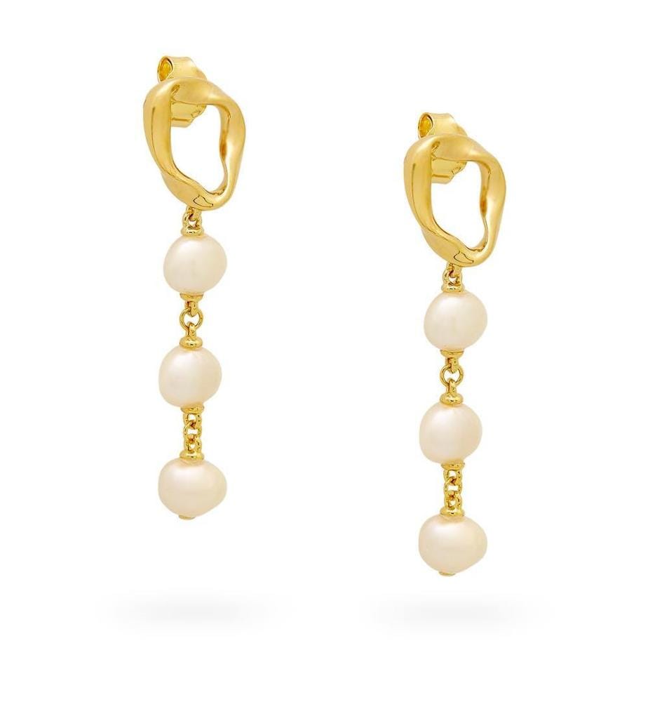 Boucles d'oreilles Pendantes - Plaquées Or 14k avec Perle de Culture d'Eau Douce Traitée Blanche Baroque