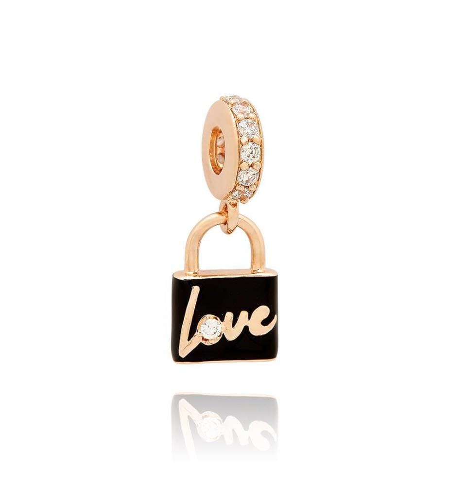 Cadenas Pendentif - Plaqué Or Rose 14k avec Zircon Cubique Clair et Émail Noir