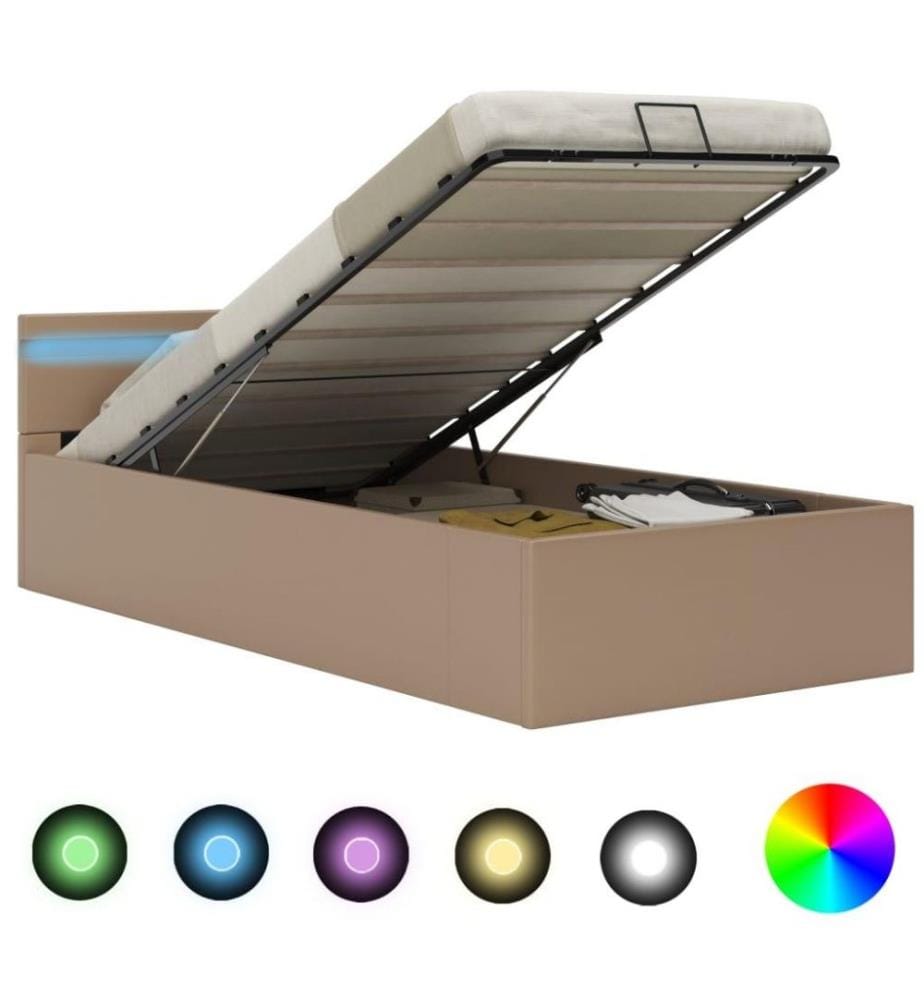 Cadre de lit à rangement et LED Cappuccino Similicuir 90x200 cm