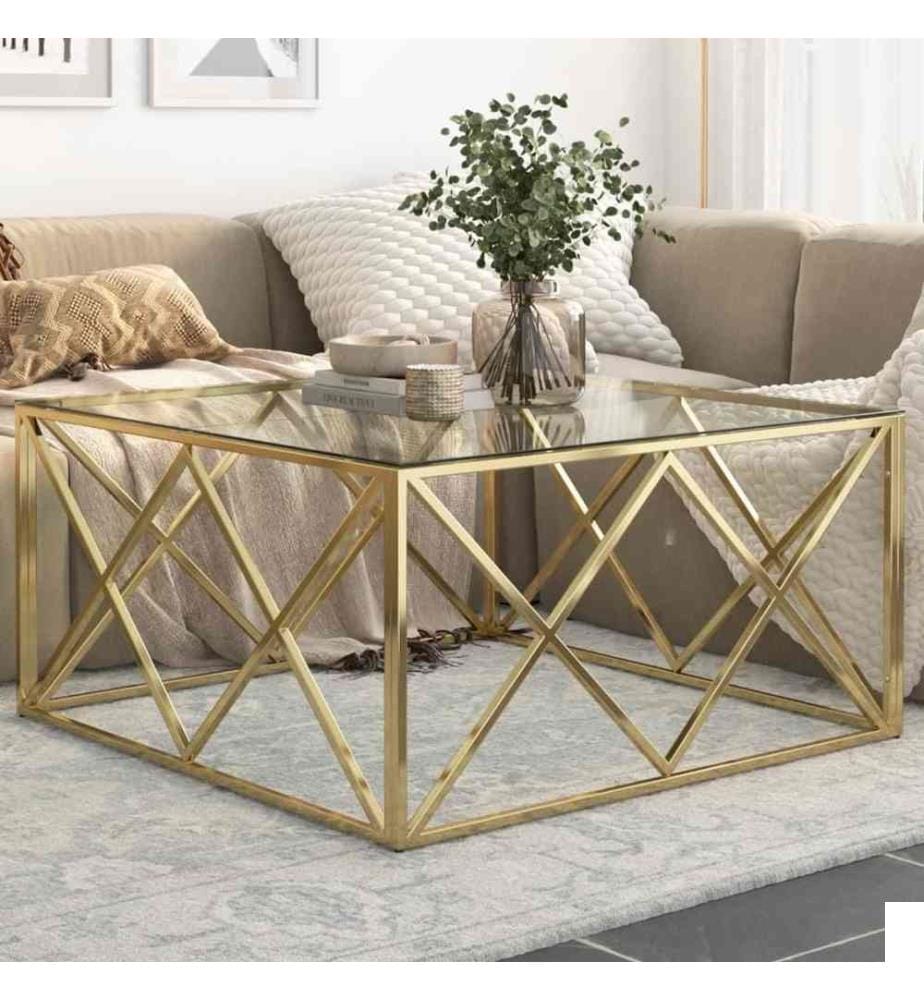 Table basse doré acier inoxydable et verre trempé