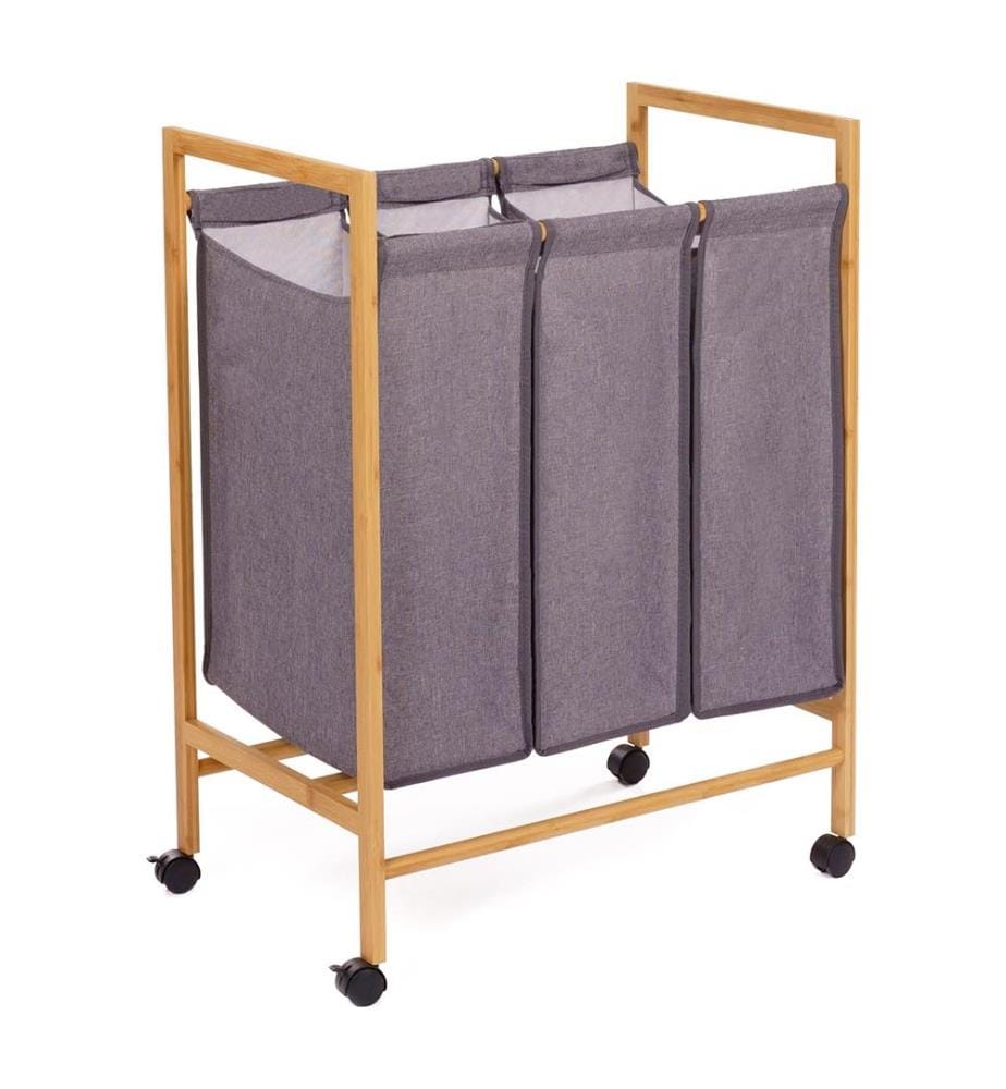 Panier à linge 3 compartiments Maya - 62x40x83cm - Brun et Gris