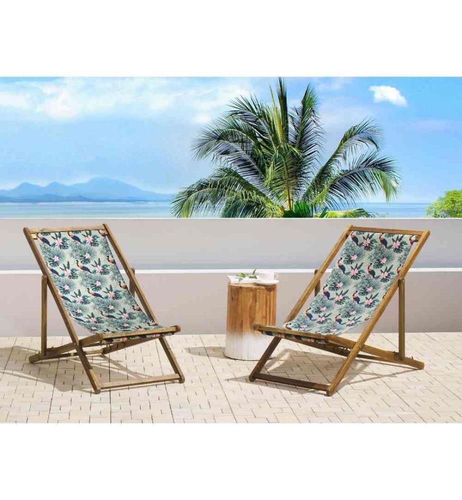 2 Transats Chiliennes Pliantes et Réglables en Bois d'Acacia Clair et Textile Motif Pélicans Design Intemporel et Moderne