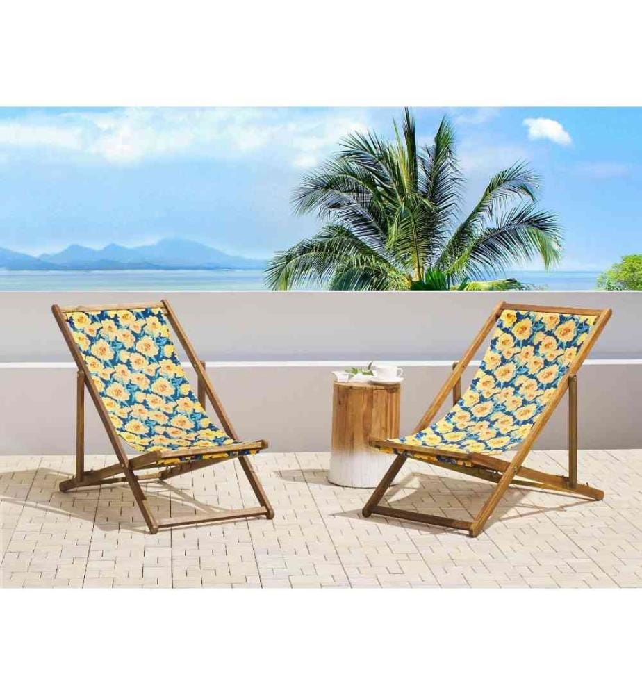 2 Transats Chiliennes Pliantes et Réglables en Bois d'Acacia Clair et Textile Motif Fleurs Jaunes Design Intemporel et Moderne