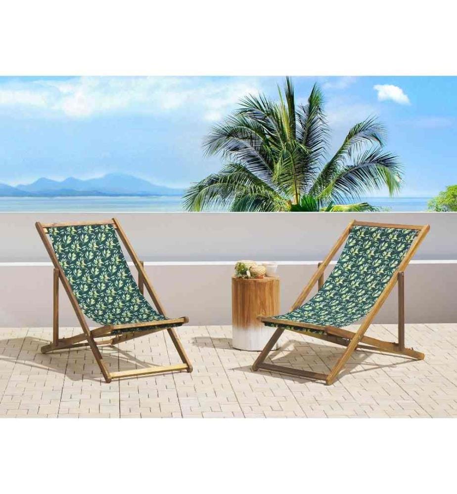 2 Transats Chiliennes Pliantes et Réglables en Bois d'Acacia Clair et Textile Motif Olives Design Intemporel et Moderne