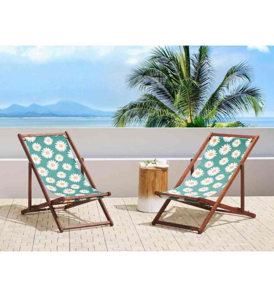 2 Transats Chiliennes Pliantes et Réglables en Bois d'Acacia Foncé et Textile Motif Paquerettes Design Intemporel et Moderne