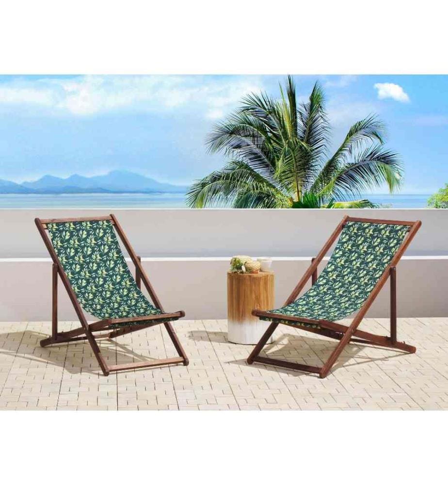 2 Transats Chiliennes Pliantes et Réglables en Bois d'Acacia Foncé et Textile Motif Olives Design Intemporel et Moderne