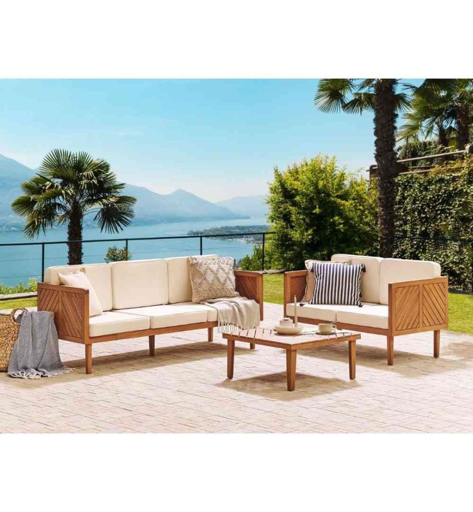 Canapé de Jardin Blanc en Bois d'Acacia 3 Places avec Coussin Taie Déhoussable Lavable Style Moderne Résistant aux UV