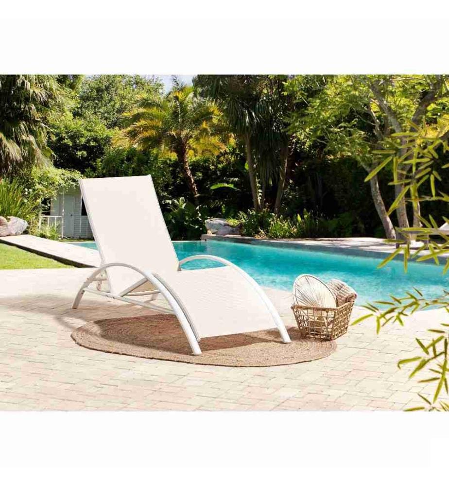 Bain de soleil Beige Blanc Structure en acier Textile Dossier réglable Pliable Design Moderne Extérieur Jardin