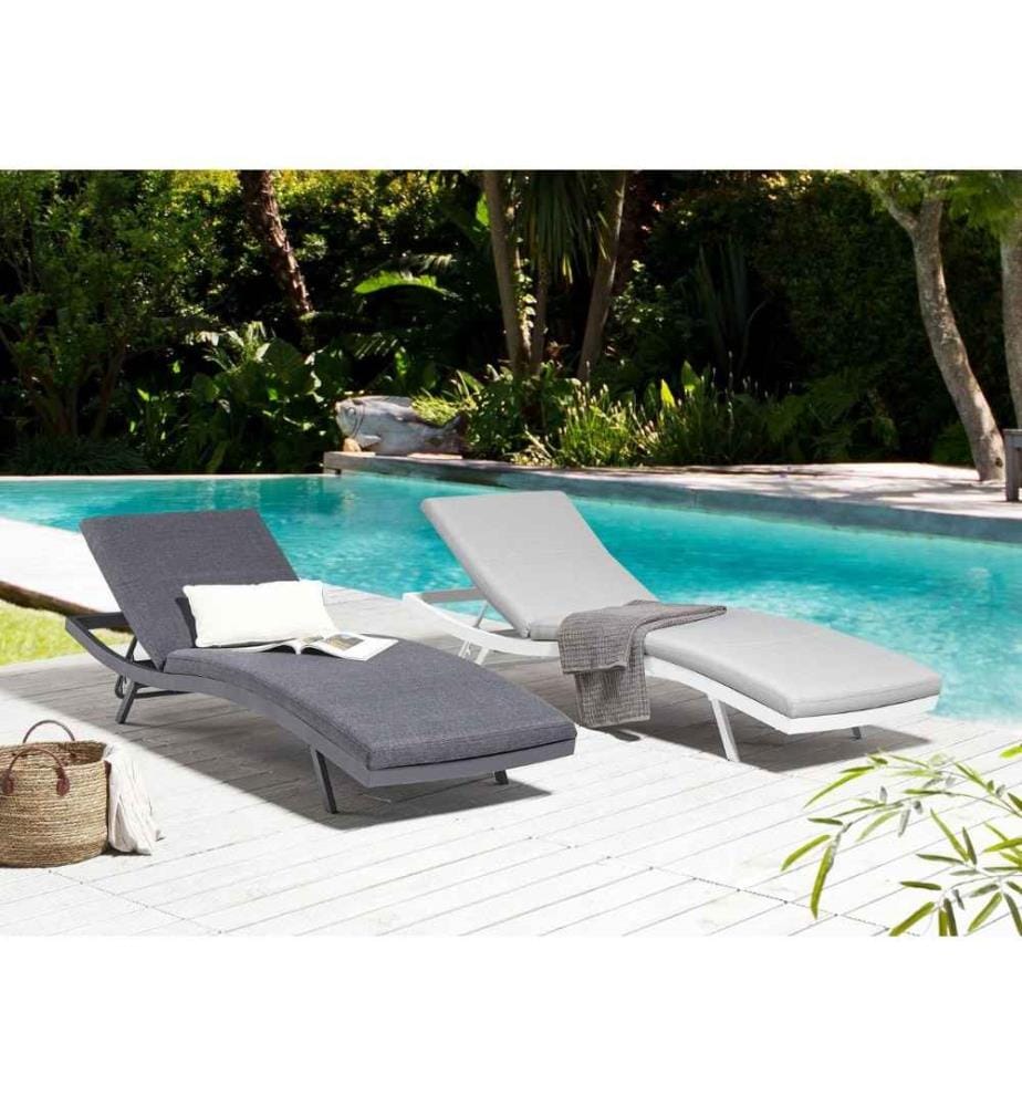 Chaise Longue Gris Foncé en Aluminium Inclinable à Plat en 4 Positions UV Résistant Tissu Anti Taches Coussins Séchage Rapide Patins