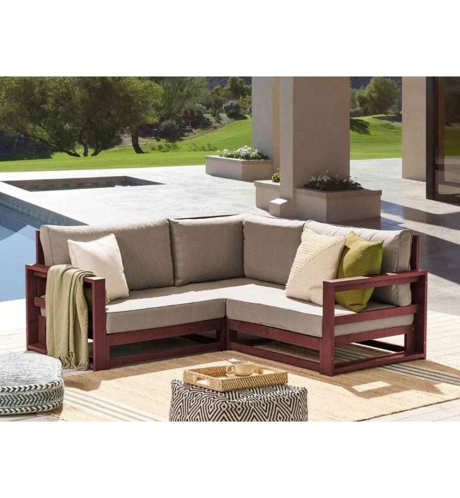 Canapé de Jardin Acajou et Taupe en Bois d'Acacia Confort d'Assise Optimal avec Coussins pour Ensemble 2 Places Angle