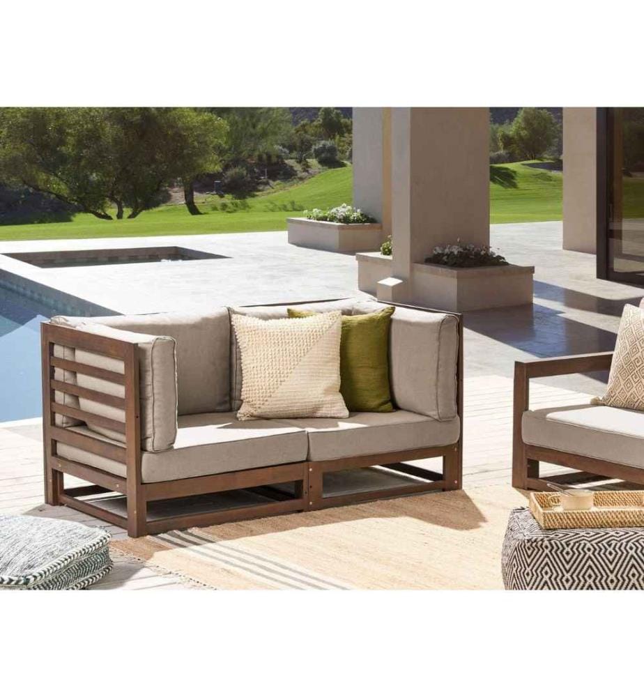 Canapé Sombre en Bois d'Acacia Certifié pour 2 Personnes avec Coussins Gris Banquette Lattée Résistance UV et Housses Amovibles pour Jardin