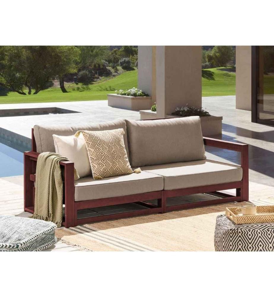 Canapé de Jardin Acajou et Taupe en Bois d'Acacia Confort d'Assise Optimal avec Coussins pour Ensemble 2 Places Angle